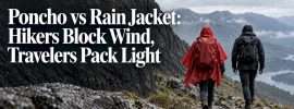 Two hikers compare poncho and rain jacket